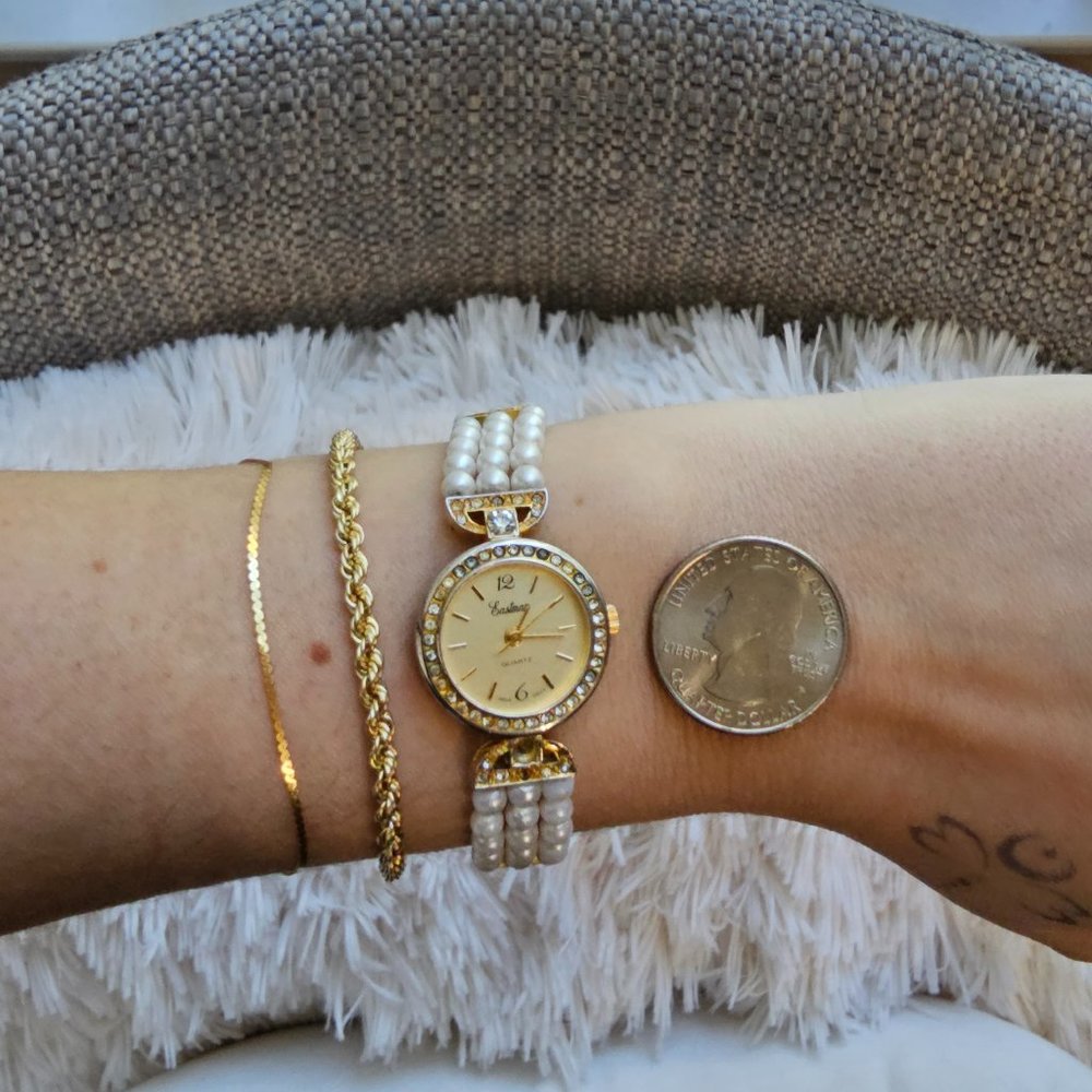 Eastman Quartz Gold Tone Pearl Rhinestone Watch - Picture 3 of 16